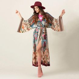 Women's Swimwear Cotton Print Floral Belt Beach Robe Mesh Embroidery Sexy Bell Sleeve Hood Bosnian Slim Blouse WomenWomen's Women'sWomen's