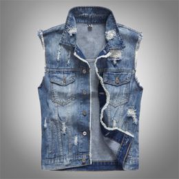 Men's Vests Spring Summer Autumn Denim Blue Korean Version Back Stick Cloth with Holes In Raw Edge Men 230420