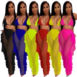 Women's Two Piece Pants Women Solid Summer Beach Set Sexy Halter Backless Bra Top Ruffle Wide Leg With Panties Swimsuit Fashion Holiday