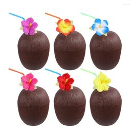 Disposable Cups Straws 6pcs Coconut Hawaii Party Drinking Portable Drink Beach Accessories With Flower For Bar