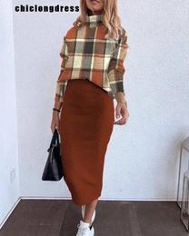 Two Piece Dress Autumn Winter Fashion Printing Set Women Casual High Neck Tshirt Skirt 231118