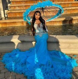 Luxury Blue Feather Prom Dress 2023 Elegant Mermaid Beaded Rhinestone Formal Dress Black Girls Aso Ebi African Evening Party Gowns Ceremony Special Occasion Wear