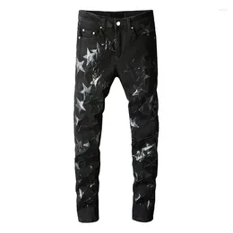 Men's Jeans Black Slim Fit Streewear Fashion Distressed Skinny Stretch Embroidered Leather Stars Patchwork Ripped Pants For Men