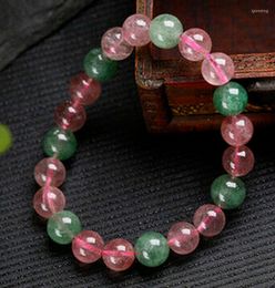 Strand Genuine Natural Green & Pink Strawberry Crystal Bead Bangle Bracelet Dia.8-10mm
