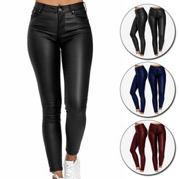 Women's Pants s Fashion Pure Colour Leather Casual Small Feet Pant Warm Trousers Sexy Tightfitting Ladies Stretch Highwaist 230419