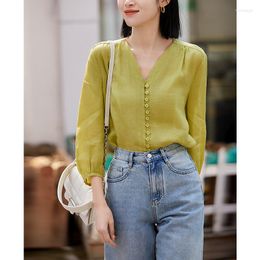 Women's Blouses Ramie Blouse Women Spring Summer Bubble Sleeve Shirts For Long Sleeved Women's Clothes V-neck Slim Tops Blusa Feminina