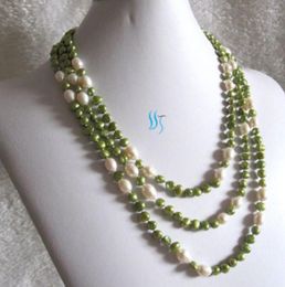 Chains Jewelry 66" 5-9mm White Green Baroque Rice Freshwater Pearl Necklace