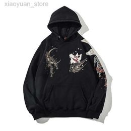 Men's Hoodies Sweatshirts Japanese Streetwear Hoodie Hip Hop Sweatshirt Embroidered Fox Hooded 2022 Mens Harajuku Cotton Casual Pullover Black Ropa Hombre