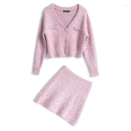Work Dresses Autumn Ladies Style Fashion Skirt Sets Female V-neck Single Breasted Knit Jacket Tops High Waistmini Two-piece Suit