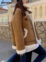 Womens Leather Faux Aotvotee Patchwork Jacket for Women Fall Winter Thicken Warm Outerwear Casual Retro Stand Collar Pu Coat 231118