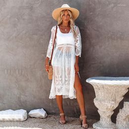 Women's Swimwear 2023 Transparent Bikini Cover-ups Sexy See Through White Lace Tunic Women Summer Midi Dress Beach Wear Swim Suit Cover Up