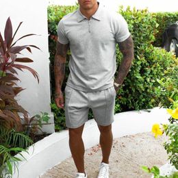 Mens Tracksuits Summer Tracksuit Cotton Solid Color Short Sleeve Zipper Polo Shirt Shorts Set for Men Casual Streetwear 2piece Suit 230420
