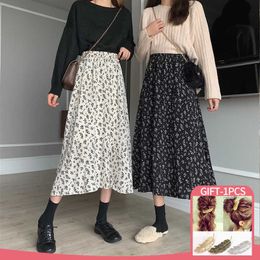 Skirts Arherige Vintage Floral Print A-line Pleated Long Skirts Summer Women Korean Streetwear Drawstring Elastic Waist Midi Skirt P230420