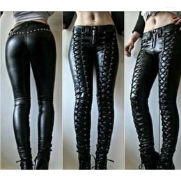 Women's Pants Black Leather Authentic Retro Sheepskin Lace Up Motorcycle European And American Fashion Trends