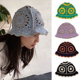 BeanieSkull Caps Korean Hollow Knitted Hat Women Handmade Crochet Basin Hat Spring Summer Sunscreen Sun Hat Female 230419