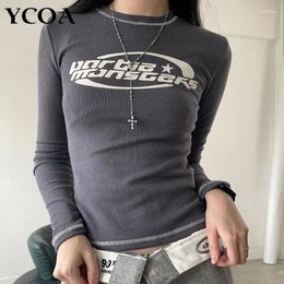 Women's T Shirts Women T-Shirt Slim Crop Top Retro Elastic Pullovers Korean Fashion Print Grunge Vintage Long Sleeve Tee Y2k Streetwear