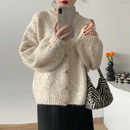 Women's Knits Korean Mixed Colour Knitted Sweater For Outerwear 2023 Autumn Winter Lantern Sleeve Cardigan Trend Clothing