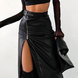 Skirts 2023 High Slit Pu Women Fashion Zip Up Belted Leather Midi Autumn Winter Irregular Wasit Pencil 230420