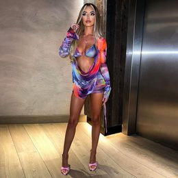 Two Piece Dress Townlike Sexy 3 s Set Women Long Sleeve Crop Top And Mini Skirts Bra Slim Three 2023 Spring Summer Outfits 230419