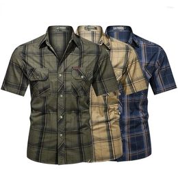 Men's Casual Shirts Men Lapel Shirt Plaid Printing Summer Short-sleeve Fashion Military Tops Streetwear Male Work Army Green S-5XL