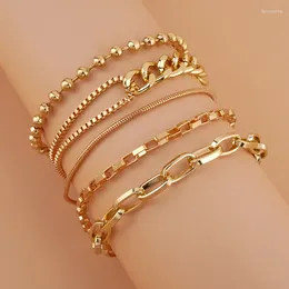 Link Bracelets Gifts Bohemian Jewellery Cuban Chain Gold Plated Female Stainless Steel Women's Accessories Ins Style Bracelet For Girl 5pc
