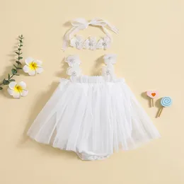 Girl Dresses Baby Summer Mesh Sleeveless Romper Dress Floral Tulle Jumpsuit Flower Headband Cute Princess Clothes