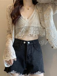Women's Blouses Summer Urban Women Slim Tassels Knitted Camisole & Long Sleeves Lace Crochet See-through Flowers Ruffles Sexy Blouse