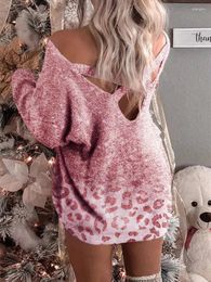 Casual Dresses Women Sweater Fashion Off Shoulder Criss-Cross Open Back Pullover Knitted Dress Winter Loose Fit Leopard Short Skirt