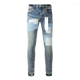 Men's Jeans Street Fashion Purple Retro Washed Blue Stretch Skinny Fit Buttons Ripped Men Patched Designer Hip Hop Brand Pants