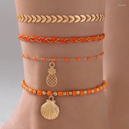 Anklets Bohemia Gold Colour Pineapple Shell Pendant Anklet Set For Women Girl Colored Beads Multilayer Foot Chain Jewelry 24988
