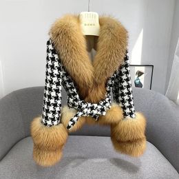 Women s Fur Faux Short Houndstooth Plaid Stitching Imitation Coat for Women Loose Belt Overcoat Autumn and Winter Fashion 2023 231120