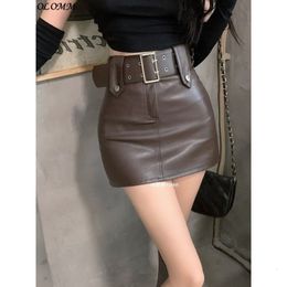 Skirts Temperament Pu Small Leather Midi Y2k Belt Short High Waist Slim Women Streetwear Gothic Harajuku Fashion Sexy 230420