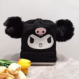 Fashion kuromi Embroidery Girl Boy Beanie Winter Protecting Ears Cute Knitted Warm Velvet Hat Outwear