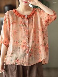 Women's Blouses Leisure Shirt Green Red Womens Tops Mujer Vintage Floral Print Casual Retro Summer Cotton Linen Blouse Ladies Top Blusas