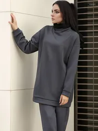 Ethnic Clothing Two-Piece Sets Dark Gray Turkey Women Muslim Autumn Winter Simple Solid Abaya 2023 Female Daily Outing Clothes