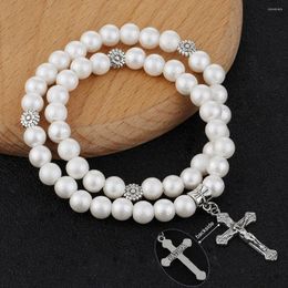 Strand Diyalo Long White Wrinkled Beaded Chain Crucifix Cross Charms Rosary Bracelet Bangles Hands Holding Prayer Church Jewellery Gifts
