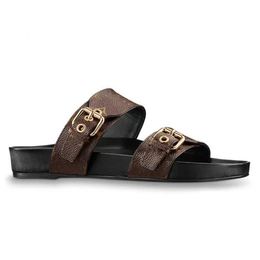 designer leather Slippers womens sandals BOM DIA FLAT MULE 1A3R5M Cool Effortlessly Stylish Slides 2 Straps with Adjusted Gold Buckles Women Summer Slipper 11
