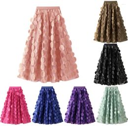 Skirts Special Design 3D Polka Dots Appliques Long High Waist Elastic 2023 Elegant Pink Black A Line Pleated VD4276