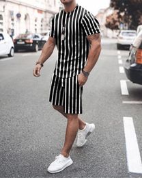 Mens Tracksuits Summer Fashion Suit Casual Beach Shorts Set 3D Print Stripe Short Sleeve T Shirt Round Neck Man Clothing 2 Piece Outfits 230420