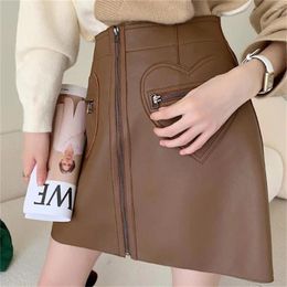 Skirts Pu Leather Skirt Women High Waist A-line Short Fashion Love Pocket Casual