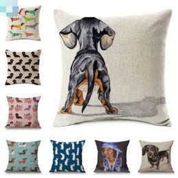 Cushion Decorative Pillow Dachshund Dog Cushion Covers Sausage Painting Cotton Linen Decorative Bedroom Sofa Home Decoration 45X45cm 230419