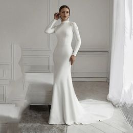 2024 Simple Lace Mermaid Wedding Dress Long Sleeve High Neck Muslim Bride Dresses Satin Wedding Gowns Vestido De Noiva