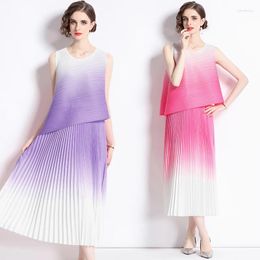 Work Dresses Miyake Summer Vintage Pleated Gradient T-shirt Women O-neck Sleeveless Top Midi Long Skirts Suit Streetwear 2 Pcs