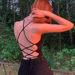Women's Tanks Sexy Hollow-out Back Crop Tops Women Sleeveless Bandage Up Tank Camisole Female Sports Backless Spaghetti Straps Clubwear
