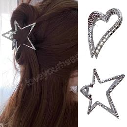 Y2K Metal Hollow Pentagram Star Hair Claw Silver Heart Shape Clips Ponytail Hair Crab Hairpin For Girls Headwear Barrettes