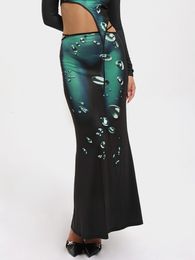 Skirts CHEEKDOURL Women Summer Y2K Dark Green TieDye Gradient 3D Water Drop Body Print Design Sense Bag Hip Maxi Skirt 2023 230420