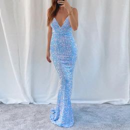 Party Dresses Sparkling Sky Blue Sequins Mermaid Prom Spaghetti Straps Sexy Backless Formal Evening Gown Vestidos De Gala Custom