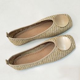 Metal Loafers Shallow Dress Decoration Women Weave Ballet Flats Casual Square Toe Boat Slip On Moccasin Comfort Walk Sho