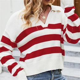 Women's Sweaters Cotton Knitted Striped Sweater Top Pullover Long Sleeve Polo Collar Loose Women Jersey Jumper Streetwear Outfit Clothes