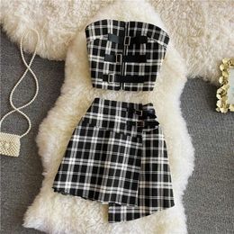 Work Dresses 2023 Summer Style Women's Korean Nightclub Sexy Tube Top Slim Plaid Crop High Waist Short Skirt Two-piece Suit